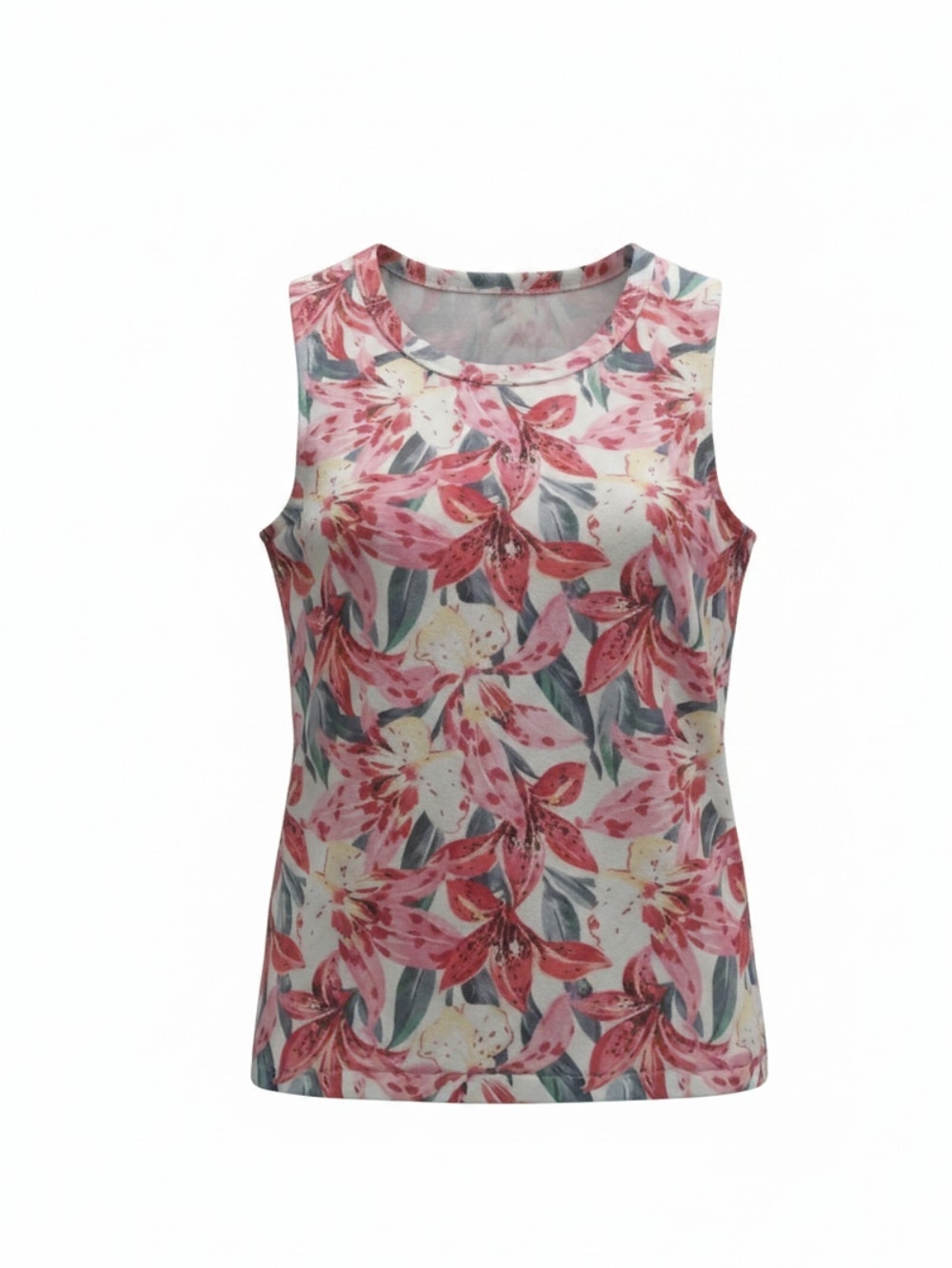 Chico's Pink Floral Tank Top with Green Leaf Print